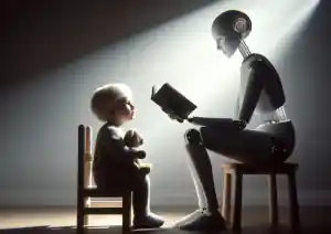 DALLE 2024 04 16 10.48.58 A wide aspect ratio surreal scene featuring an anxious child seated in a softly lit room facing a female android reading him a book. The child looks copia.jpg