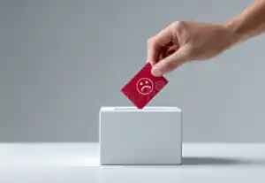 mano che inserisce una carta con il volto infelice nelle urne per segnalare la frustrazione degli elettori sistema elettorale 395316823