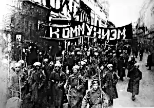 october revolution a column of soldiers demonstrating along nikolsky street under the banner