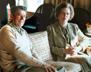 Thatcher Reagan Camp David sofa 1984